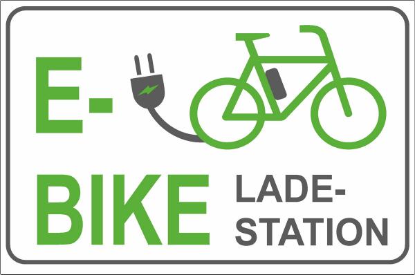 Hinweisschild im Querformat mit grüner Aufschrift E-Bike Ladestation und Fahrradsymbol, Alu Verbund Material